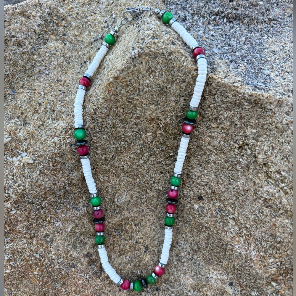 Chic White, Green, & Pink Shell Beaded 18” Handmade Necklace